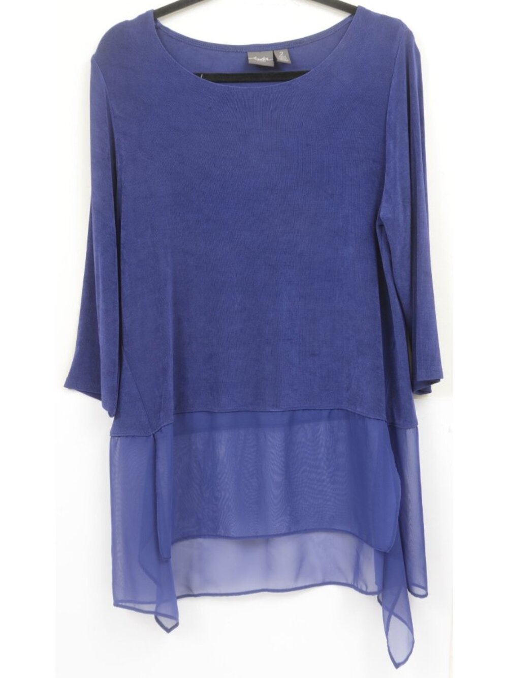 Chico's Travelers LG (2) Blue Boat Neck Sheer Layer 3/4 Sleeve Top Tunic Blouse